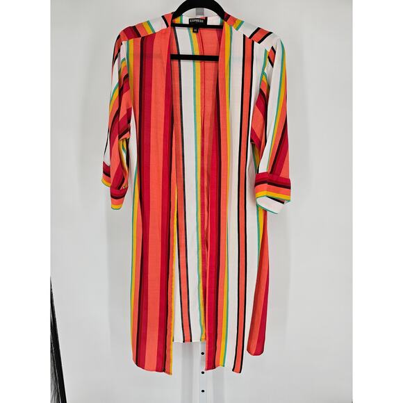 Express Womens Sz XS 3/4 Sleeve Open Front Cardigan Sweater Long Bright Striped - Picture 1 of 4